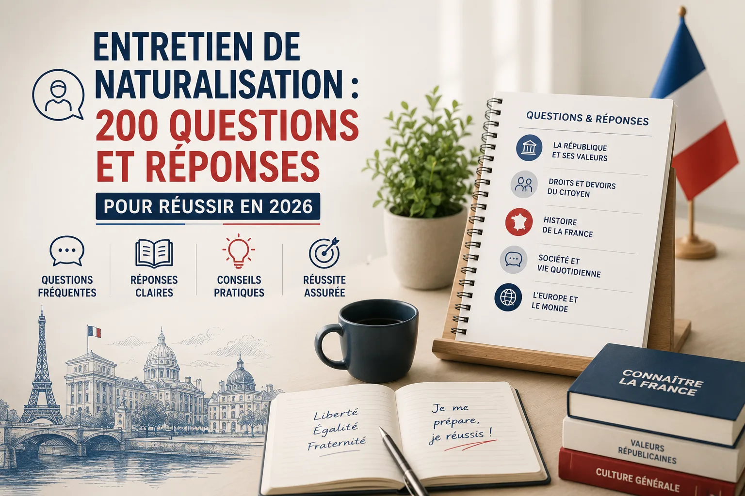 Personne souriante tenant un passeport français devant un drapeau tricolore, symbolisant la réussite de l'entretien de naturalisation