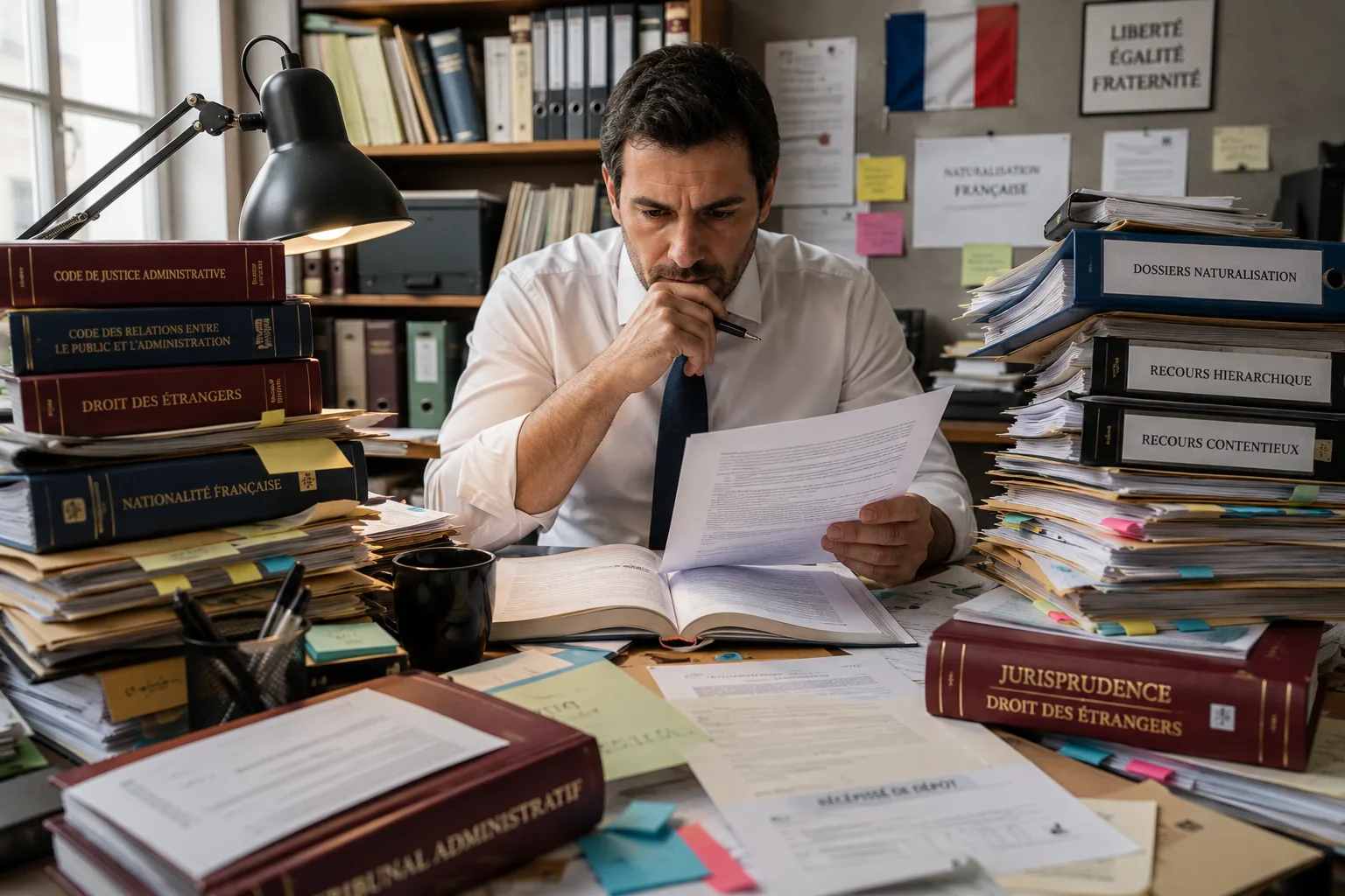 Personne lisant une lettre de refus de naturalisation avec un ordinateur affichant la plateforme Contestation NAT-2026 en arrière-plan