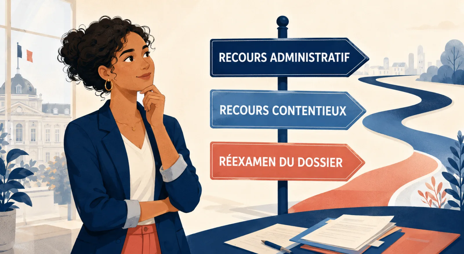 Personne lisant une lettre de refus de naturalisation avec un calendrier et un ordinateur affichant la plateforme Contestation NAT-2026