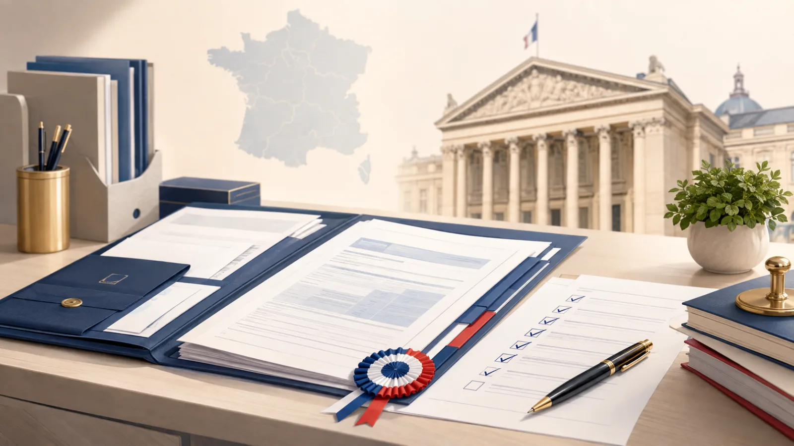 Dossier de naturalisation par décret avec passeport, documents officiels et écran ANEF, symboles de la nationalité française