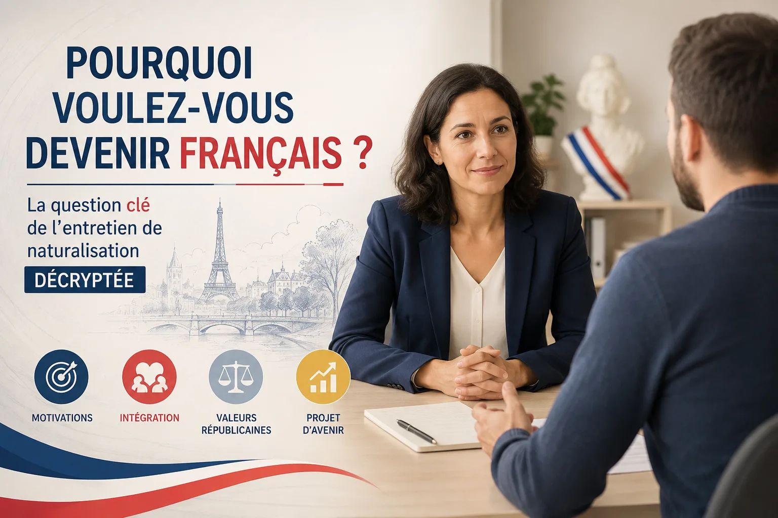 Un agent de préfecture et un candidat à la naturalisation discutant autour d'un bureau, avec une vue sur des documents officiels et le drapeau français en arrière-plan.