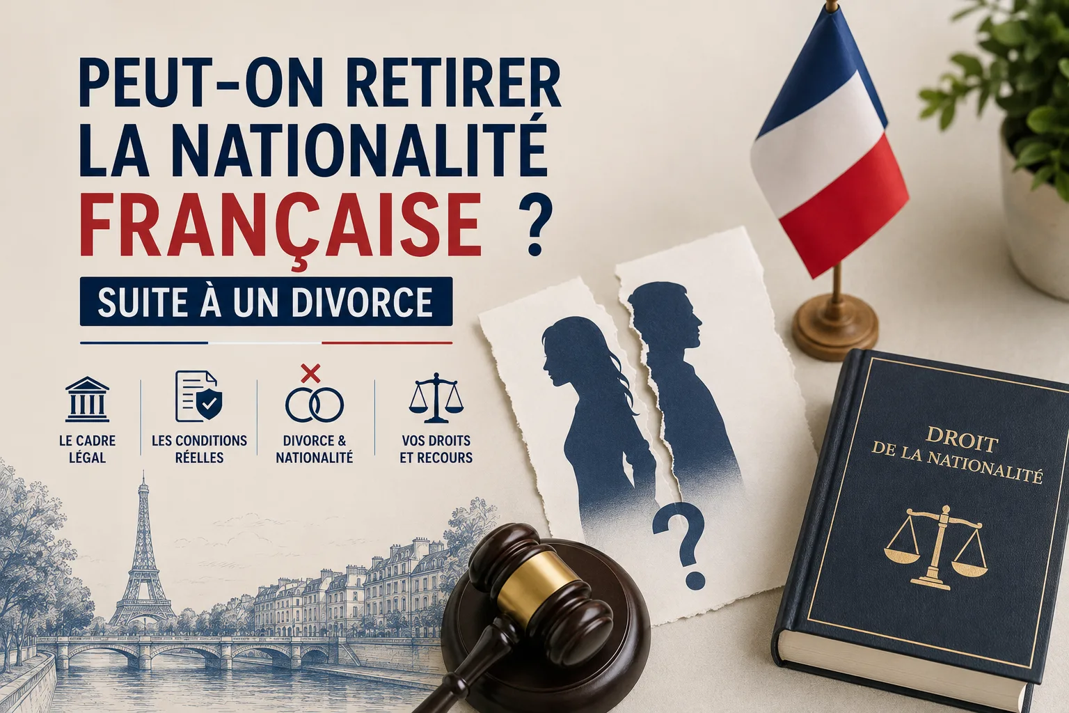 Femme tenant un passeport français avec un marteau de juge et une bague de mariage brisée, symbolisant le divorce et la nationalité