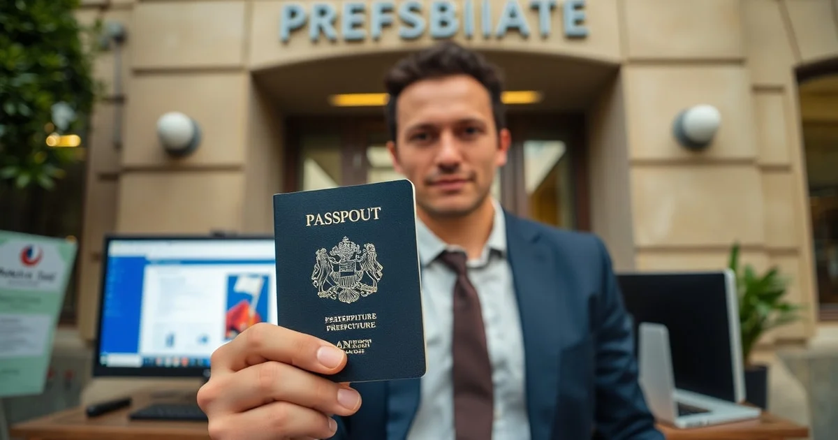 Gros plan sur un passeport français ouvert posé sur un bureau avec un stylo, un timbre fiscal électronique et un écran d'ordinateur affichant le site ANEF