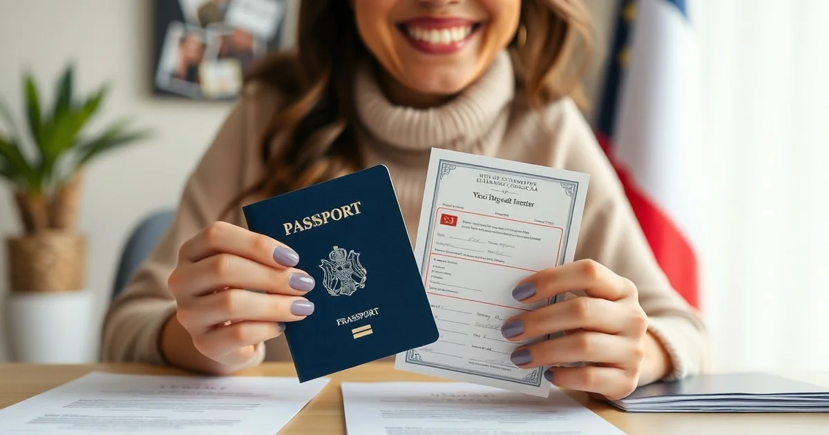 Femme souriante tenant une carte d'identité française et un passeport, avec un timbre fiscal et un formulaire Cerfa sur une table