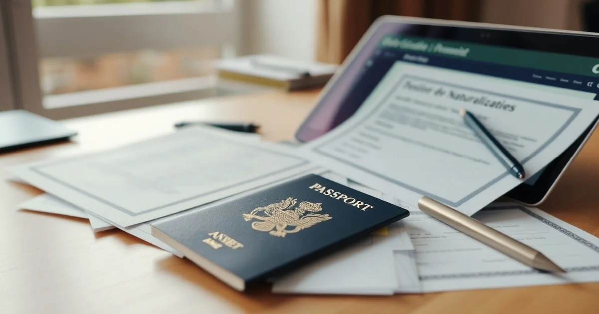 Dossier de demande de naturalisation avec documents administratifs, passeport, timbre fiscal et attestation B2, posé sur un bureau, prêt pour dépôt ANEF.