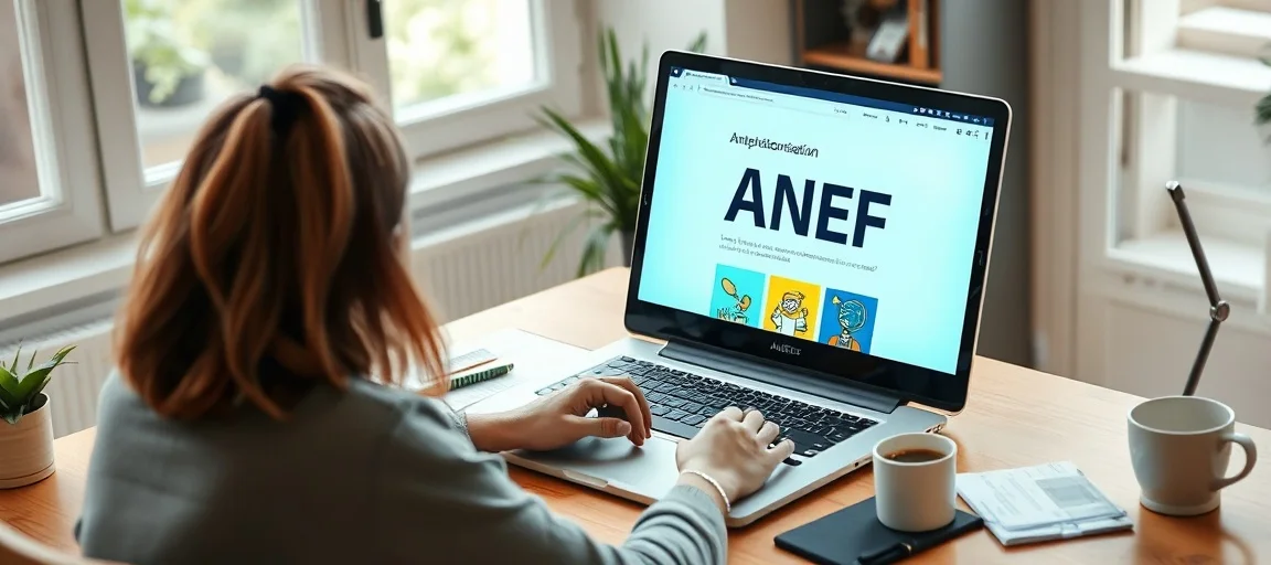 Personne utilisant un ordinateur portable avec un dossier de naturalisation en ligne ouvert sur la plateforme ANEF, avec un timbre fiscal et un passeport à côté
