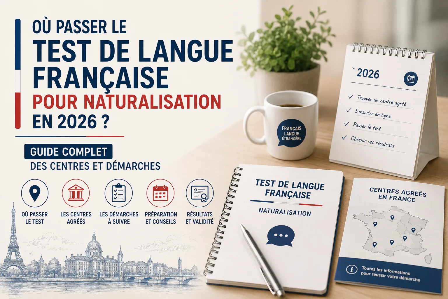 Carte de France avec des icônes de centres agréés pour le test de langue française pour naturalisation, avec les logos TCF IRN et TEF IRN