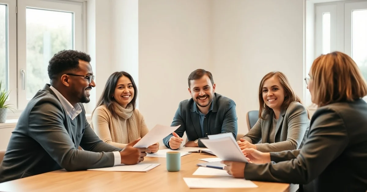 Candidat souriant discutant avec un agent administratif lors d'un entretien d'assimilation naturalisation dans un bureau lumineux