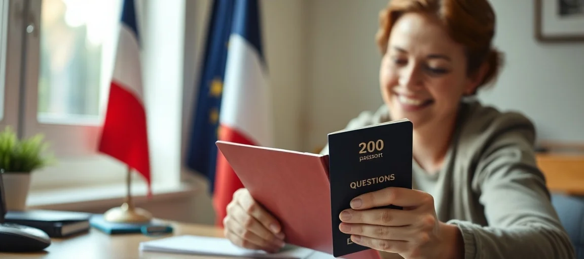 Personne souriante tenant un passeport français devant un drapeau tricolore, symbolisant la réussite de l'entretien de naturalisation