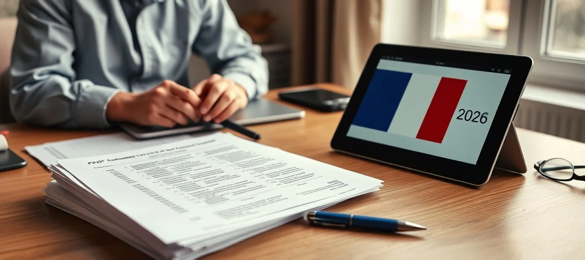 Personne étudiant un examen civique test gratuit PDF sur une table avec un ordinateur portable, un stylo et un livret ouvert, symbolisant la préparation à la naturalisation française 2026.