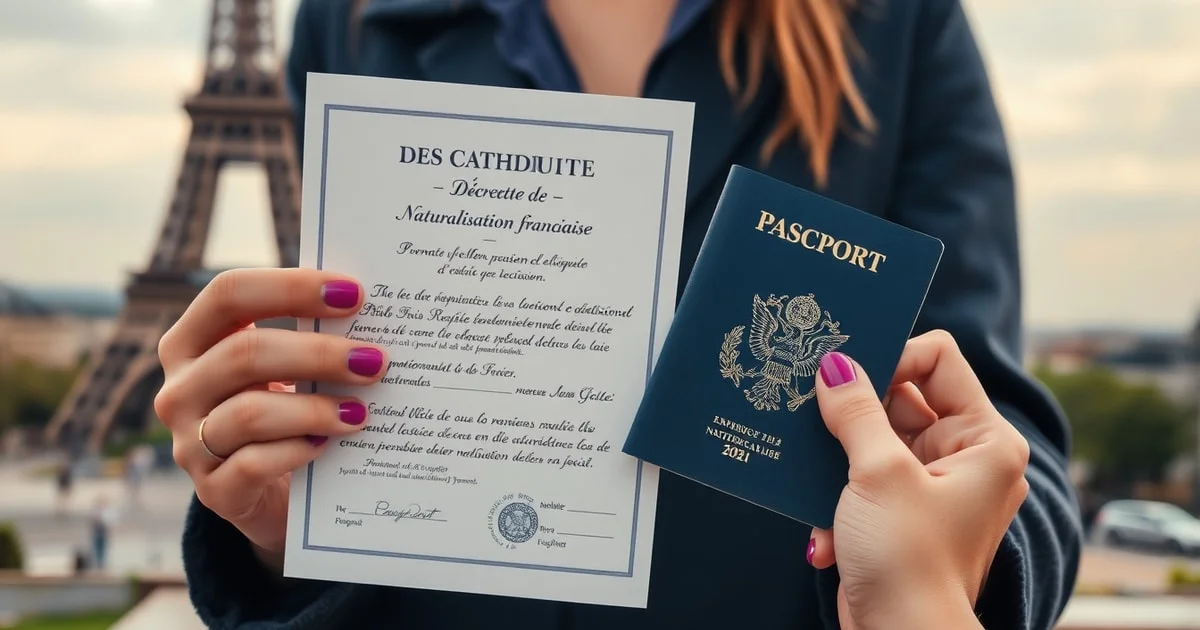 Illustration d'un décret de naturalisation française avec le logo de la République et un sceau officiel, symbolisant l'obtention de la nationalité par décision de l'État.