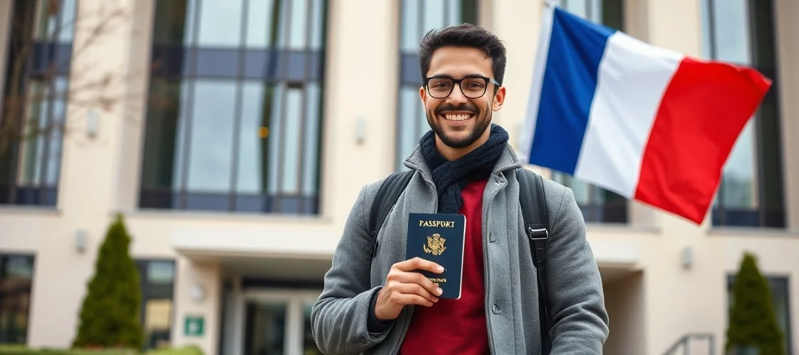 Personne souriant en tenant un passeport français et une carte d'identité, symbolisant l'obtention de la nationalité française par naturalisation en 2026