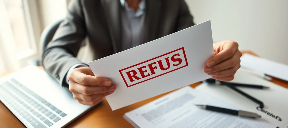 Personne lisant une lettre de refus de naturalisation, entourée de documents juridiques et d'un ordinateur avec la plateforme Contestation NAT-2026