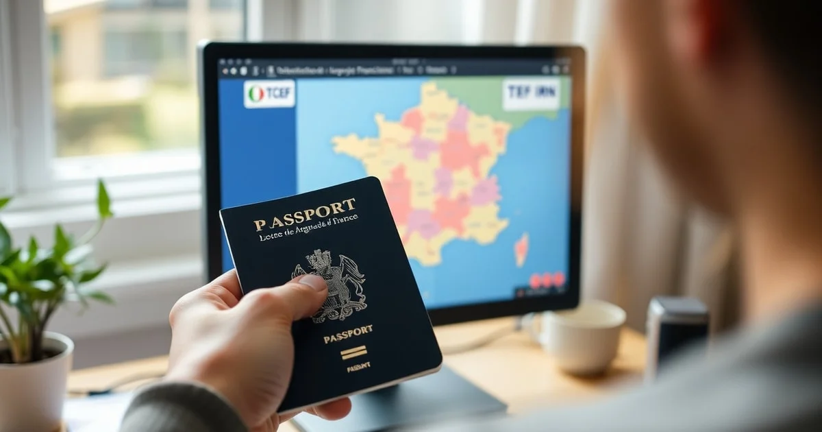 Carte de France avec des icônes de centres agréés pour le test de langue française pour naturalisation, avec les logos TCF IRN et TEF IRN