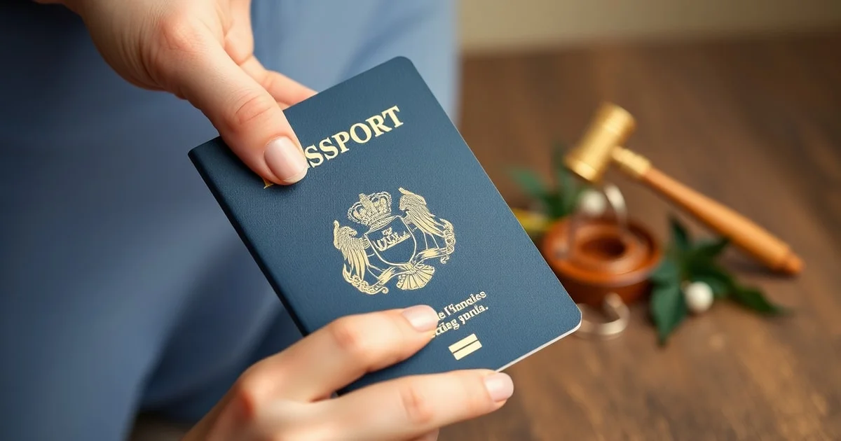 Femme tenant un passeport français avec un marteau de juge et une bague de mariage brisée, symbolisant le divorce et la nationalité