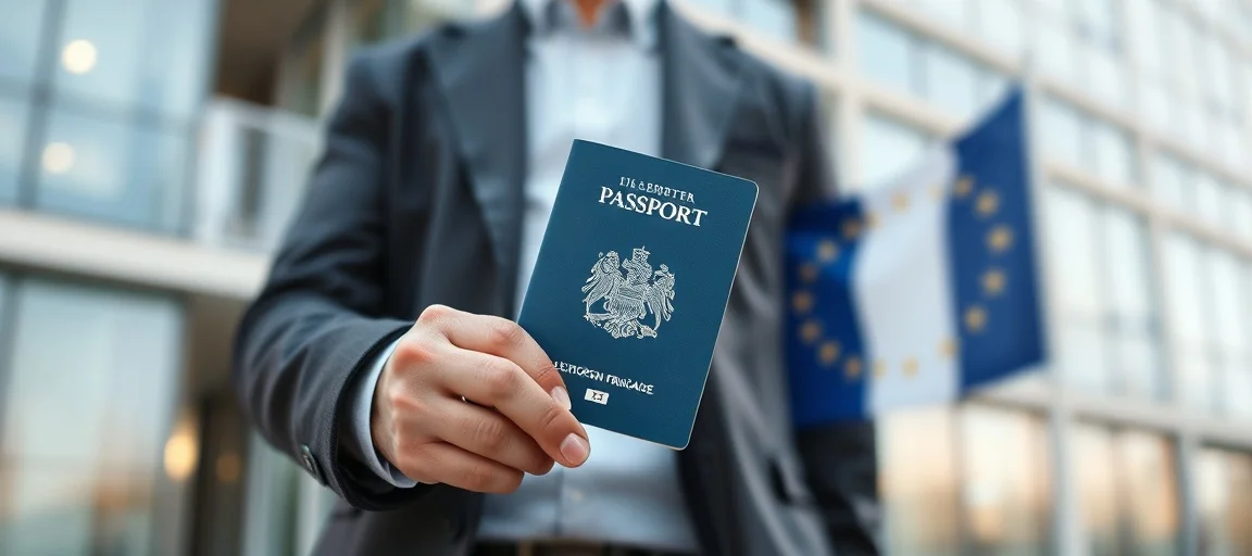 Main tenant un passeport français ouvert avec le drapeau tricolore en arrière-plan, symbolisant la naturalisation et la citoyenneté française en 2026