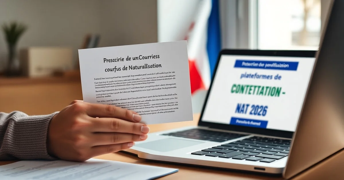 Personne lisant un courrier de refus de naturalisation, avec un ordinateur affichant la plateforme Contestation NAT-2026 en arrière-plan